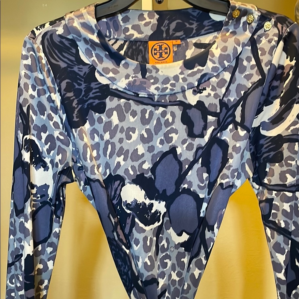 Tory Burch Blue Gray Asymmetrical Long Sleeve Bodysuit